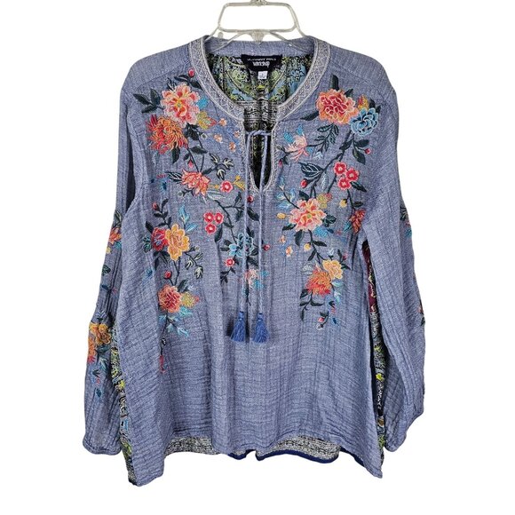 Johnny Was Norah Effortless Embroidered Peasant Blouse S Patchwork Cotton Silk - Picture 1 of 8